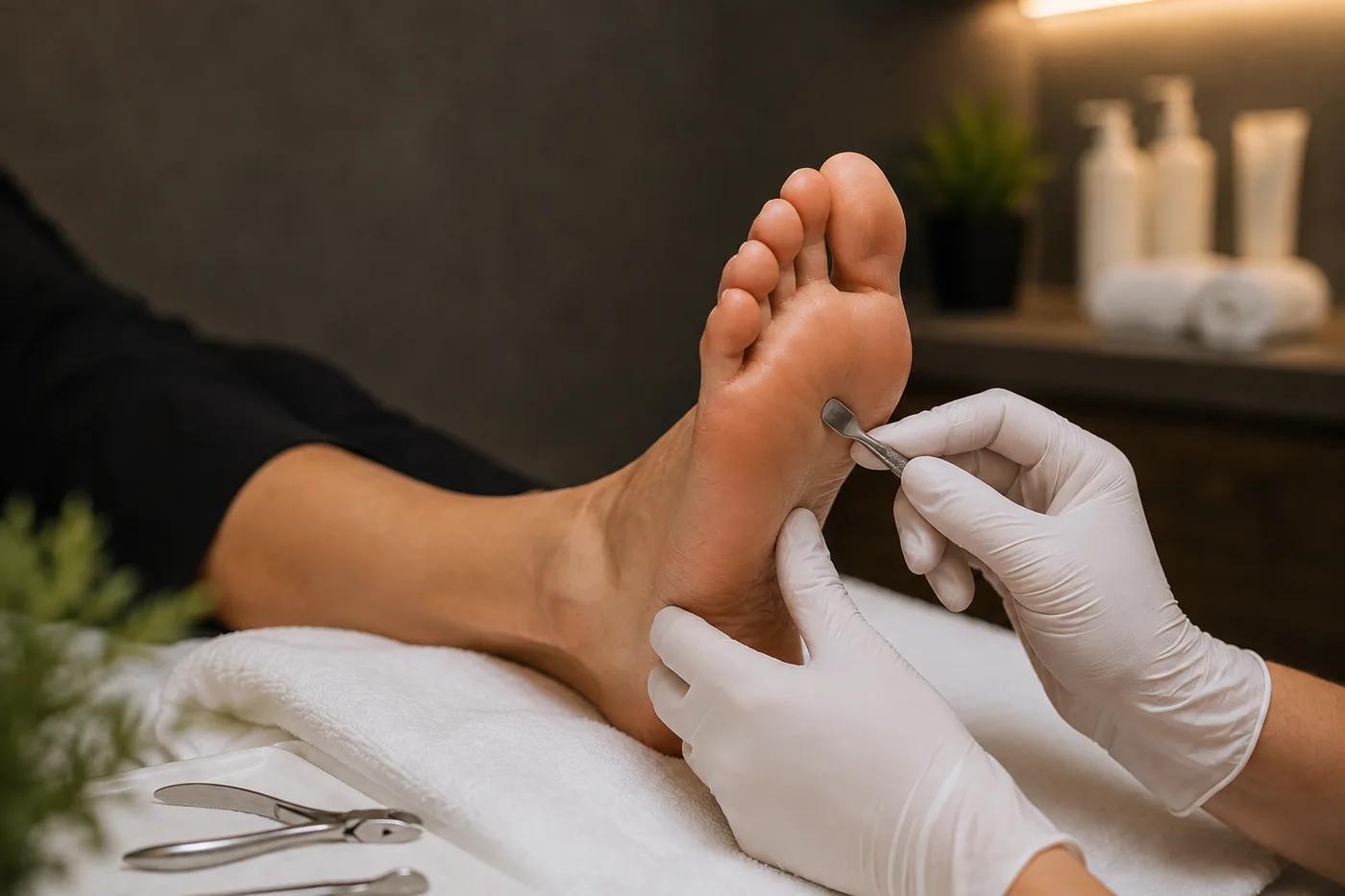 Atendimento de podologia em andamento, com instrumental esterilizado.